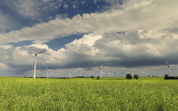 Wind Energy Farm on Green Landscape of England