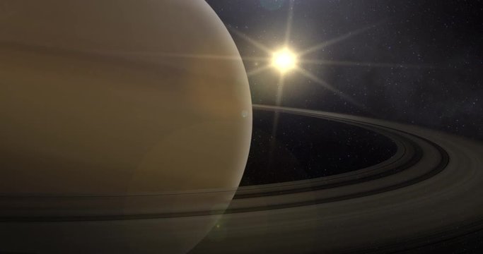 A slowly zooming out shot of Saturn and its rings in space.
