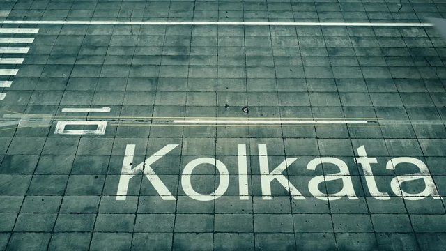 Aerial view of big airplane arriving to Kolkata airport. Travel to India conceptual intro animation