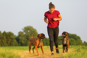 young girl jogs with two boxer dogs