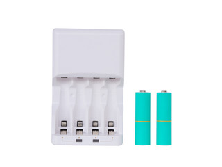 White Battery charger and sky blue color AA batteries, isolated on white background. clipping path.