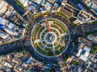 Aerial view, Road roundabout, Expressway with car lots in the city in Thailand. Street large...