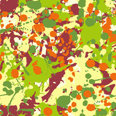 Maroon orange yellow green ink paint splashes seamless pattern