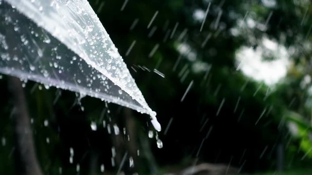 Close-up on umbrella with rain falling in slow motion shot
