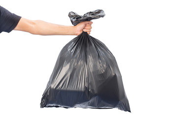 Man hands holding garbage bag isolated on white background