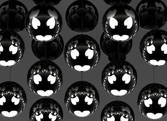 3d rendering. black metal sphere balls with white heart reflection