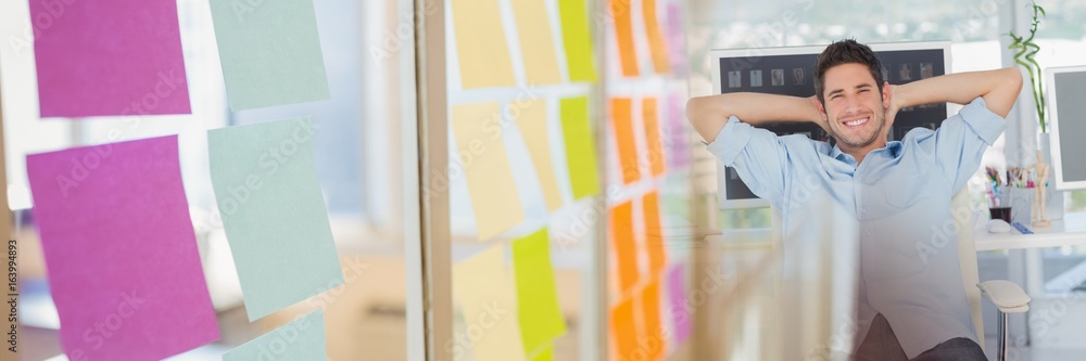 Poster man relaxing in office and sticky note transition