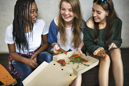 Girlfriend Friendship Togetherness Eating Pizza Youth Culture Concept