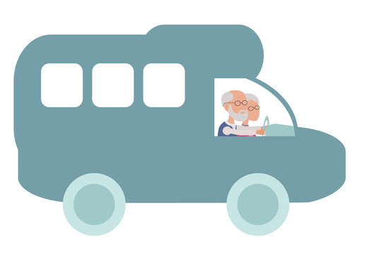 Elderly Couple Driving On Vacation In Campervan - Vector Characters Body Parts Grouped And Easy To Edit - Limited Palette
