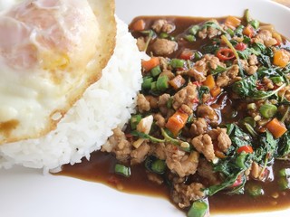 rice topped with stir-fried pork and basil.