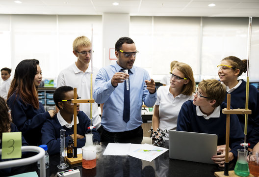 Group Of Students Laboratory Lab In Science Classroom