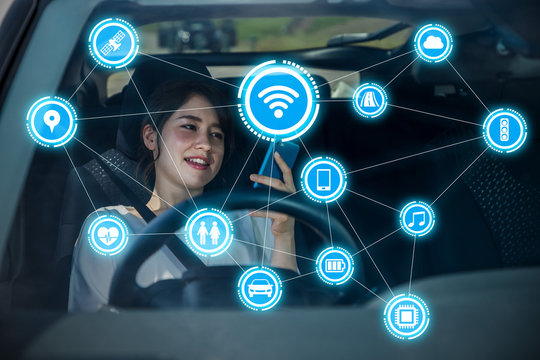 car interior and wireless communication network. Internet of Things. Information Communication Technology. abstract concept. right hand drive.