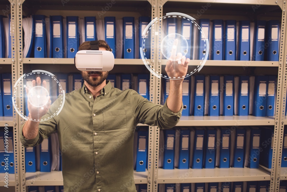 Poster man in vr headset touching interfaces with flares