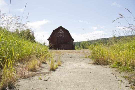 Barn standing beyond a rugged grass and concrete landscape