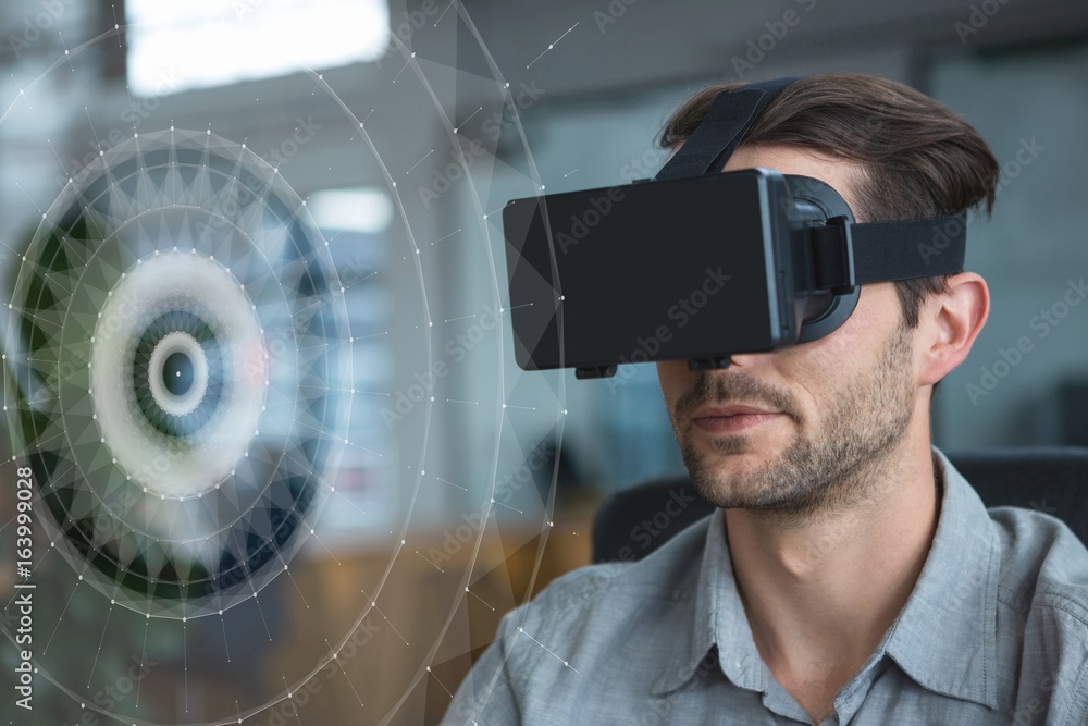 Poster man in vr headset looking at interface