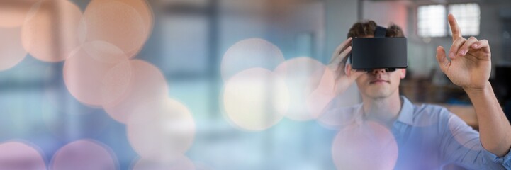Man Wearing VR Headset with sparkling lights bokeh transition