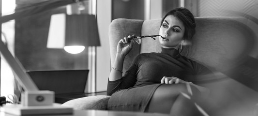 Retro portrait of a woman in a library