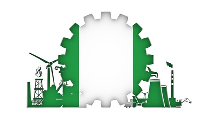 Energy and Power icons set with flag of the Nigeria. Sustainable energy generation and heavy industry. 3D rendering.