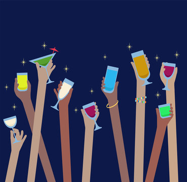 Hands with drinks of alcohol in glasses celebrate at Party
