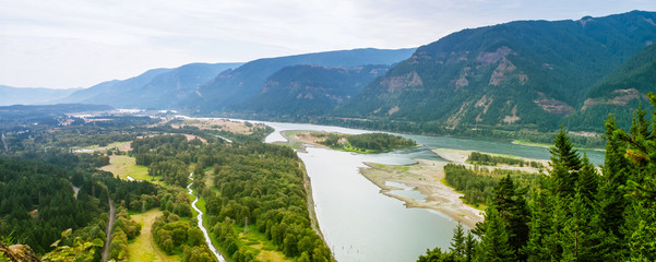 Panoramic View of Columbia River Gorge, looking east, as seen from top of Beacon Rock - Vancouver, WA