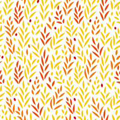 Subtle golden yellow and red leaves floral seamless pattern on white, vector - 164001693
