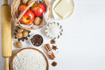 Ingredients for autumn baking. set of products for apple cakes or pie