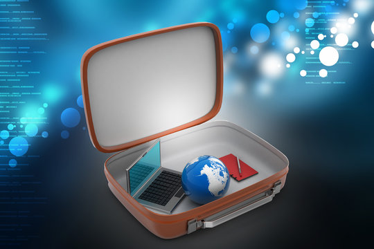 Laptop and earth globe in a brief case