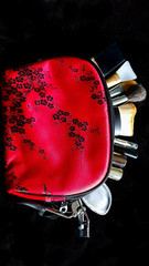 Red make up bag with brushes in it