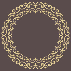 Oriental vector round golden frame with arabesques and floral elements. Floral border with vintage pattern. Greeting card with place for text