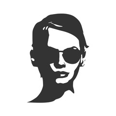 Portrait of beautiful woman in black sunglasses. Short hair. Front view