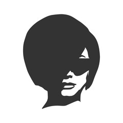 Portrait of beautiful woman in black sunglasses. Short hair. Front view