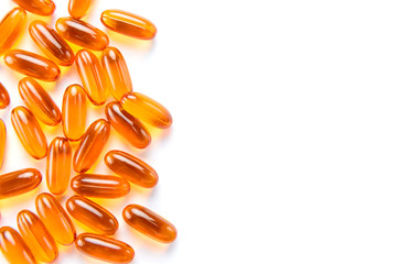 Fish oil capsules with copy space on a white background. soft gels capsules