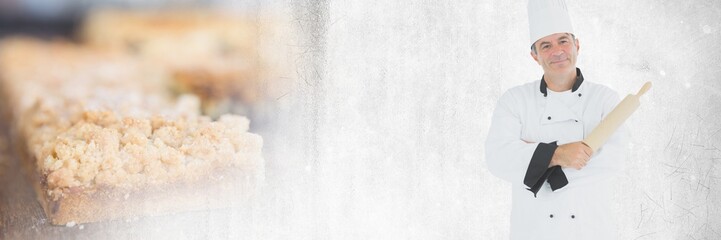 Chef holding rolling pin with baking cakes transition