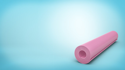 3d rendering of a pink rubber yoga mat closed and rolled up for storage lying on blue background.