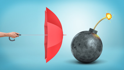 A male hand holding a red open umbrella to protect from a giant round bomb with a lit fuse.