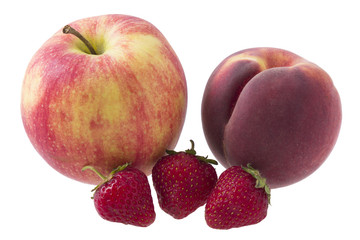 Peach, apple and strawberry on white isolated background. Tasty and healthy food.