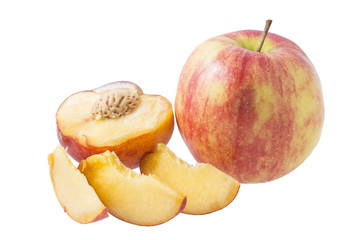 Naklejka na ściany i meble Peach and apple on white isolated background. Tasty and healthy food.