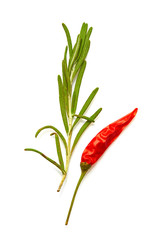 Italian food & drink healthy lifestyle concept: Aromatic Mediterranean vegetable,  herbs & spices. Rosemary & red hot pepper. Top view. Isolated on white. Sharpness across the shot