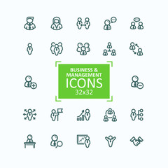 Set of vector illustrations fine line icons, collection of business people icons, personnel management, agreement, handshake, leader and his team, communication, subordination. 32x32 pixel perfect