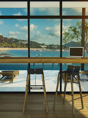 Fototapeta premium Working room with pool view, sea view