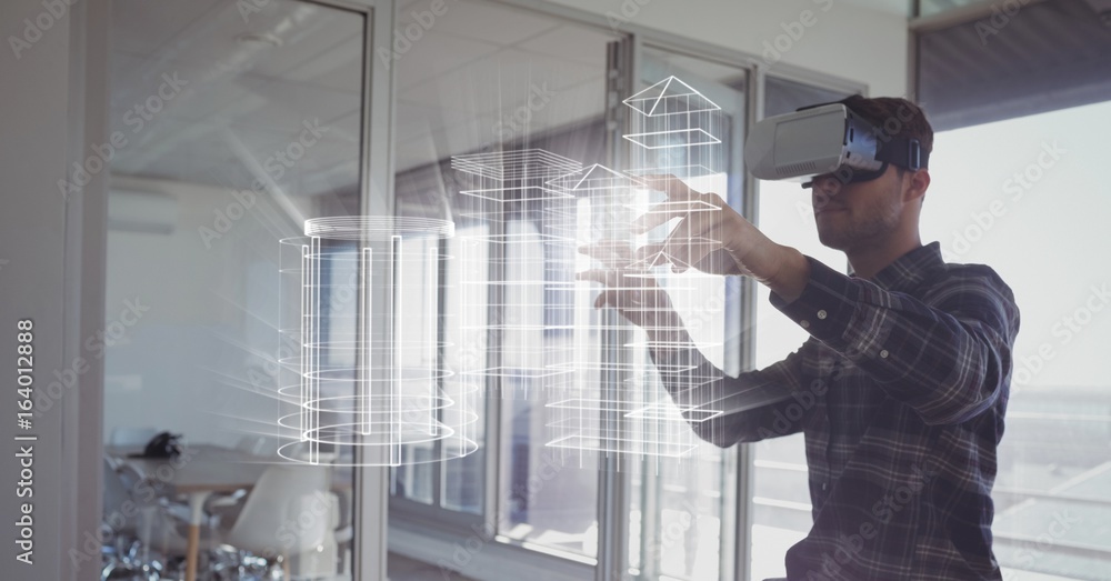 Poster man in vr headset touching building interfaces