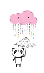 Cute panda with umbrella and pink funny cloud.  Hand drawn illustration for your design. Doodles, sketch. Vector illustration.