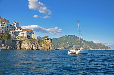 Amalfi is an Italian town, the star of the Amalfi coast and white yacht
