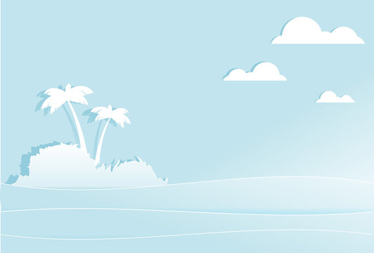 Tropical island with palm trees in middle of sea. White paper is cut out