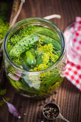 Traditional organic savory pickled gherkins and cucumbers