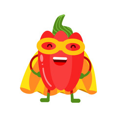 Cute cartoon smiling red pepper superhero in mask and yellow cape, colorful humanized vegetable character vector Illustration