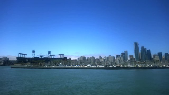 San Francisco, California - June, 2017 - Wide shot of the ball park and South Beach Harbor Marina seen from the bay.