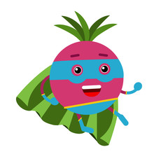 Cute cartoon radish superhero in mask and green cape, colorful humanized vegetable character vector Illustration