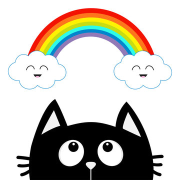 Black cat looking up to cloud and rainbow with smiling face. Cute cartoon character. Valentines Day. Kawaii animal. Love Greeting card. Flat design. White background. Isolated.