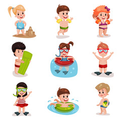 Cute cartoon kids playing at the beach set, boys and girls at summer vacation vector Illustrations